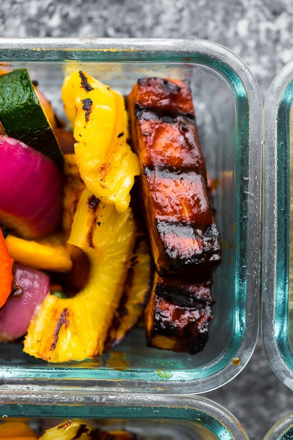 close up shot of vegan barbecue tofu bowls with pineapple slices