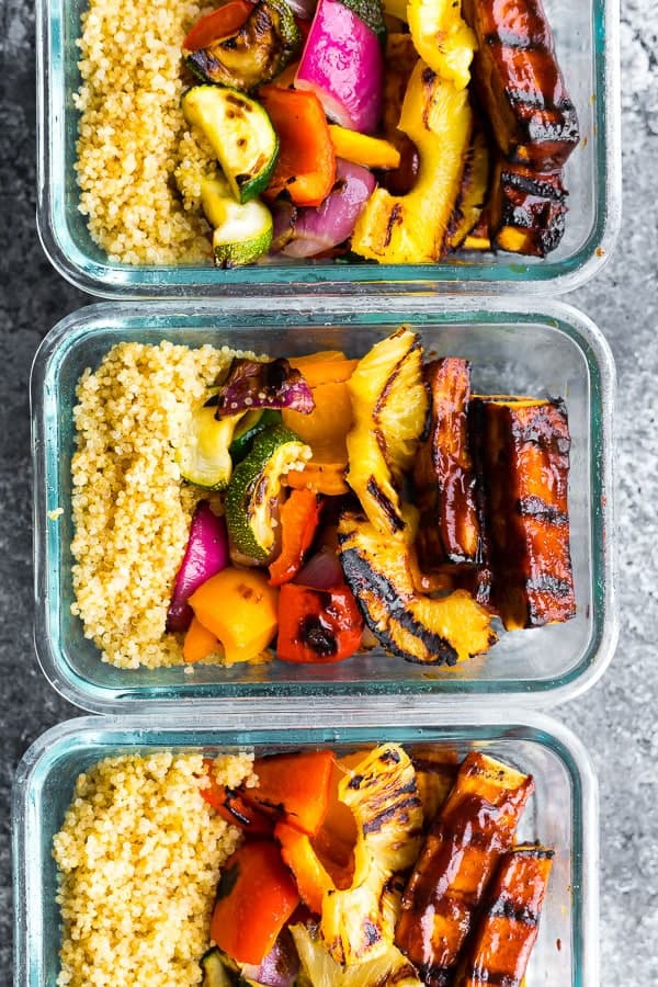 overhead shot of the Pineapple BBQ Tofu Bowls in meal prep containers