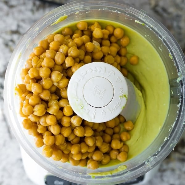ingredients for Creamy Avocado Hummus in food processor (before processing)