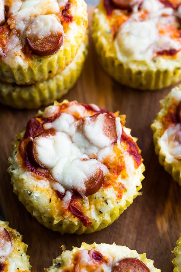 low carb cauliflower pizza muffins on cutting board