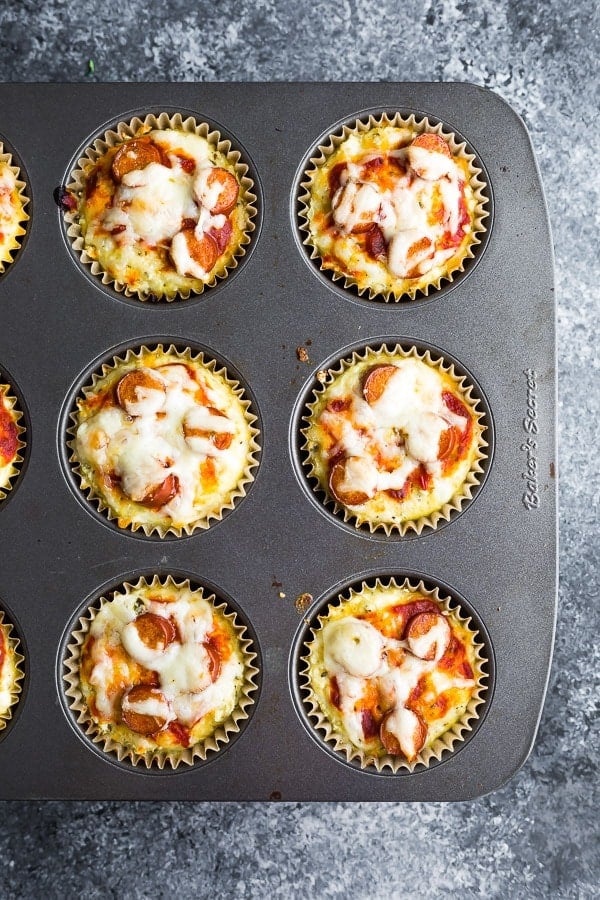 low carb cauliflower pizza muffins after baking in muffin tin