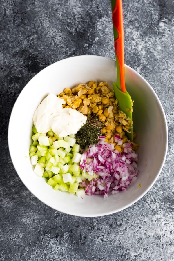 ingredients for the vegan chickpea salad in a bowl