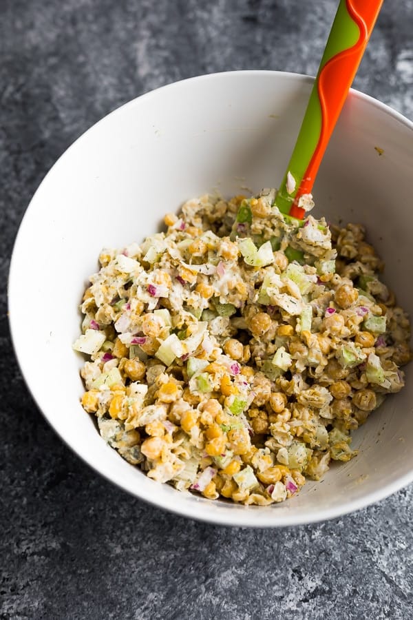 ingredients for the vegan chickpea salad in a bowl after mixing