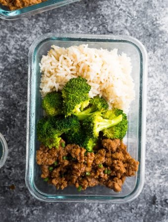 overhead shot of korean turkey meal prep bowls in glass container