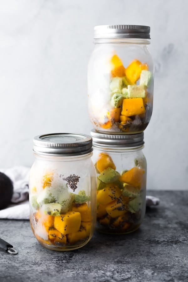 mango matcha smoothies in mason jar frozen smoothie packs