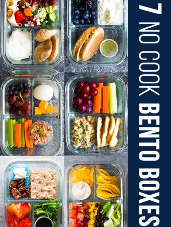 collage image of meal prep containers with text saying 7 no cook lunch box recipes