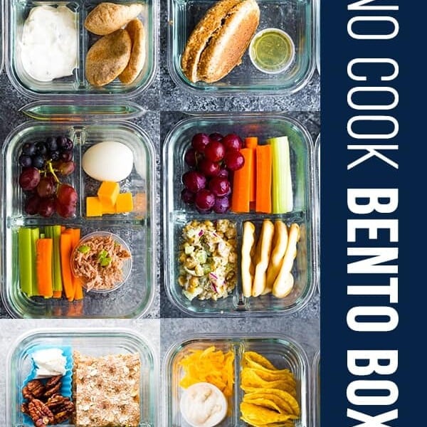 collage image of meal prep containers with text saying 7 no cook lunch box recipes
