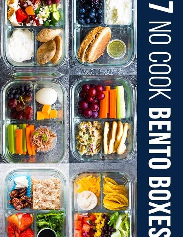 collage image of meal prep containers with text saying 7 no cook lunch box recipes