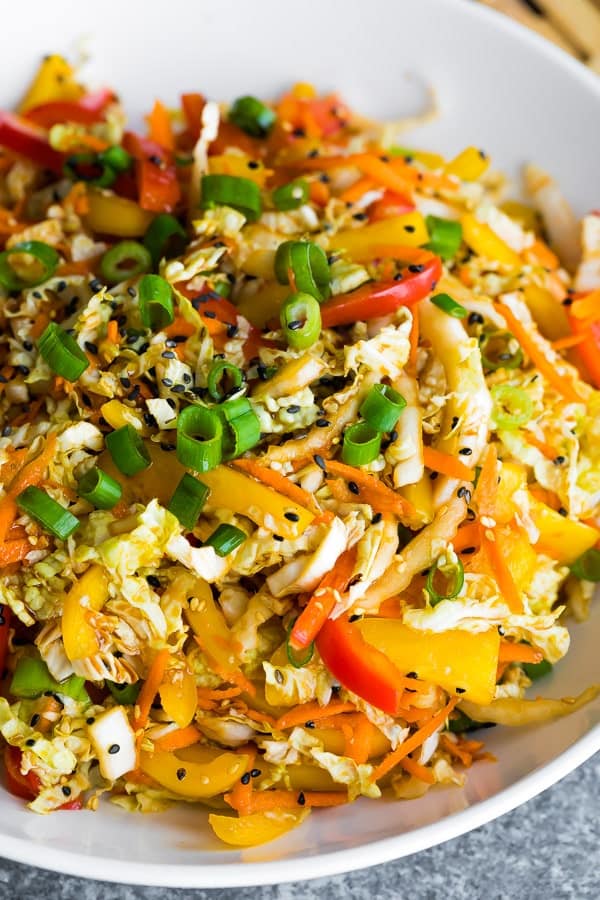 close up view of the asian slaw recipe with asian slaw dressing