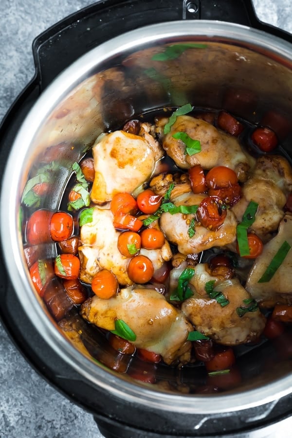 overhead view of the caprese chicken in the instant pot