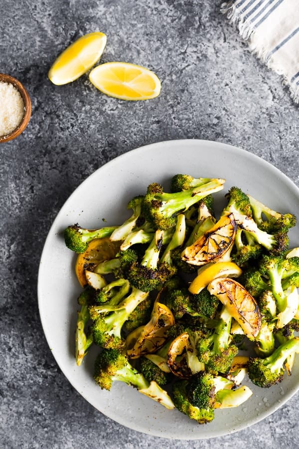 overhead view of plate with grilled broccoli