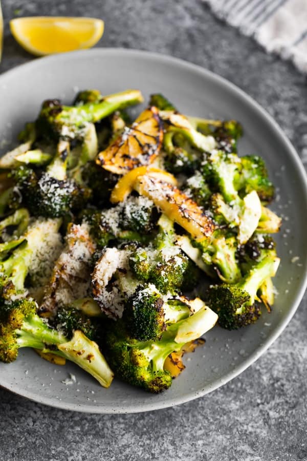 side view of plate with grilled broccoli recipe