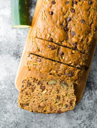 overhead view of the healthy zucchini bread recipe, sliced on a cutting board