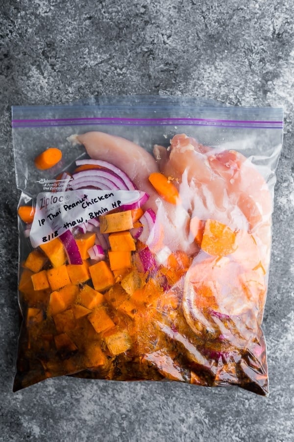 ingredients for asian peanut chicken in a bag for freezer crock pot meal
