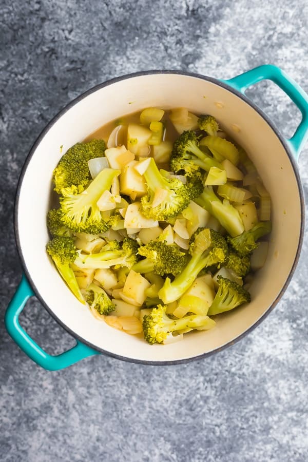 cooked vegetables in pot for the broccoli soup recipe