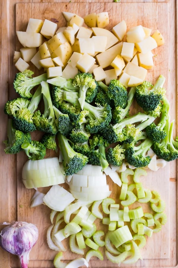 the best way to cook broccoli- in broccoli cheese soup- ingredients on cutting board