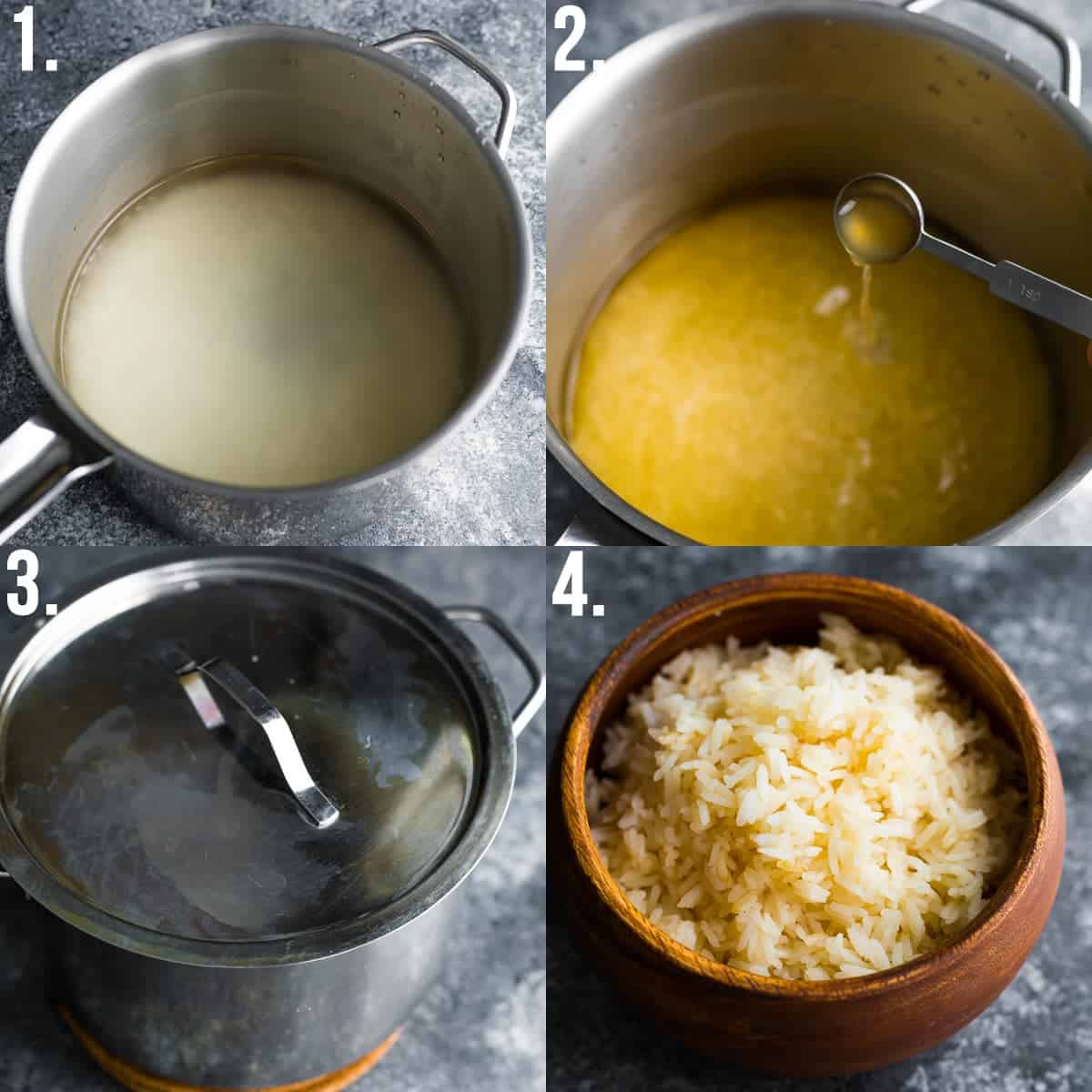 collage showing how to cook rice (4 steps)