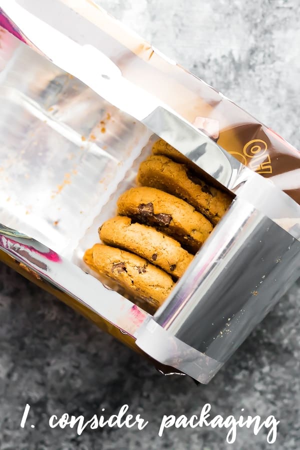 overhead shot of a package of chocolate chip cookies with text consider packaging