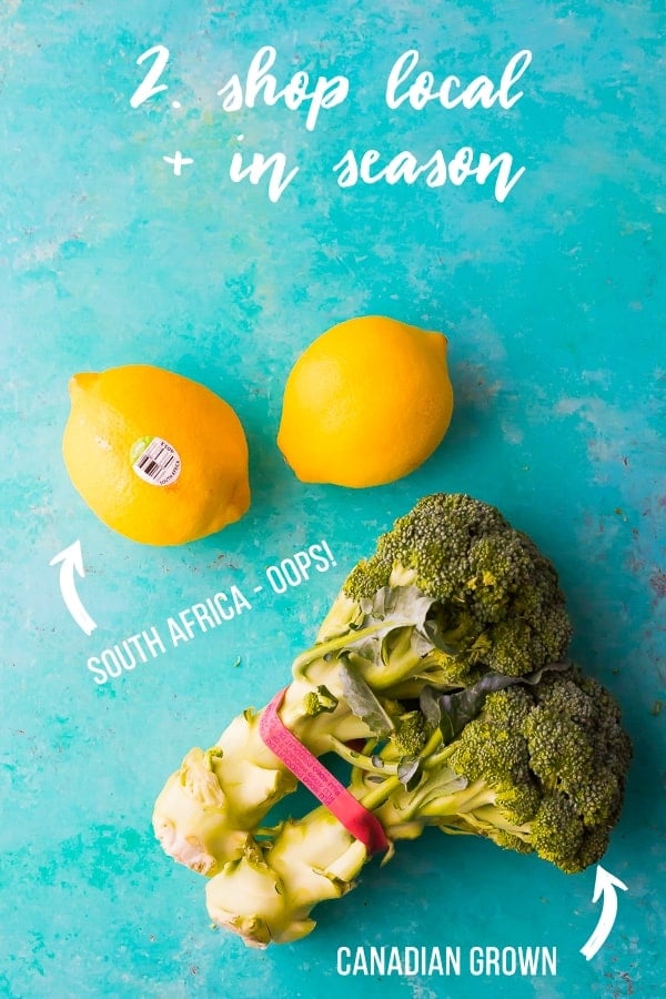 overhead shot of two lemons and broccoli with text shop local and in season