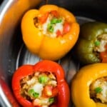 overhead shot of ground turkey stuffed peppers in instant pot