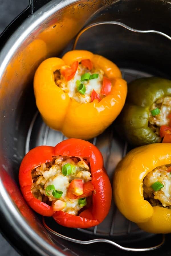 overhead shot of ground turkey stuffed peppers in instant pot