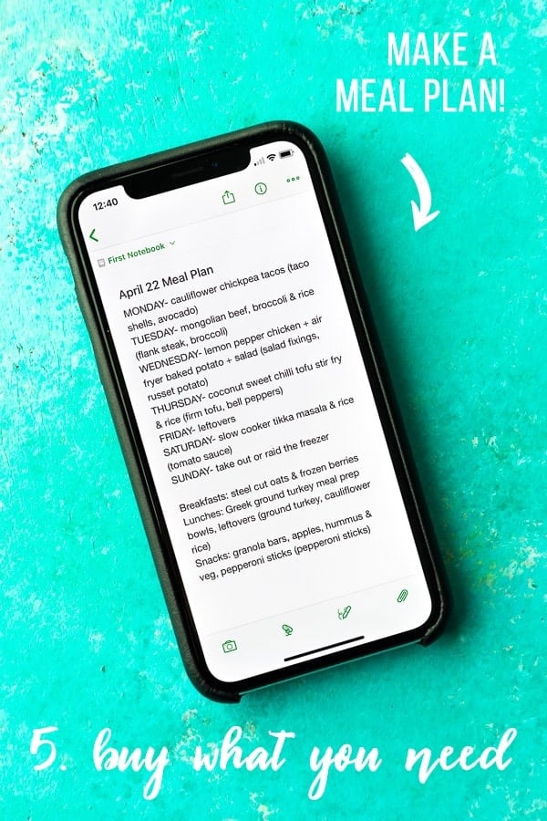 overhead shot of phone screen meal plan with text make a plan