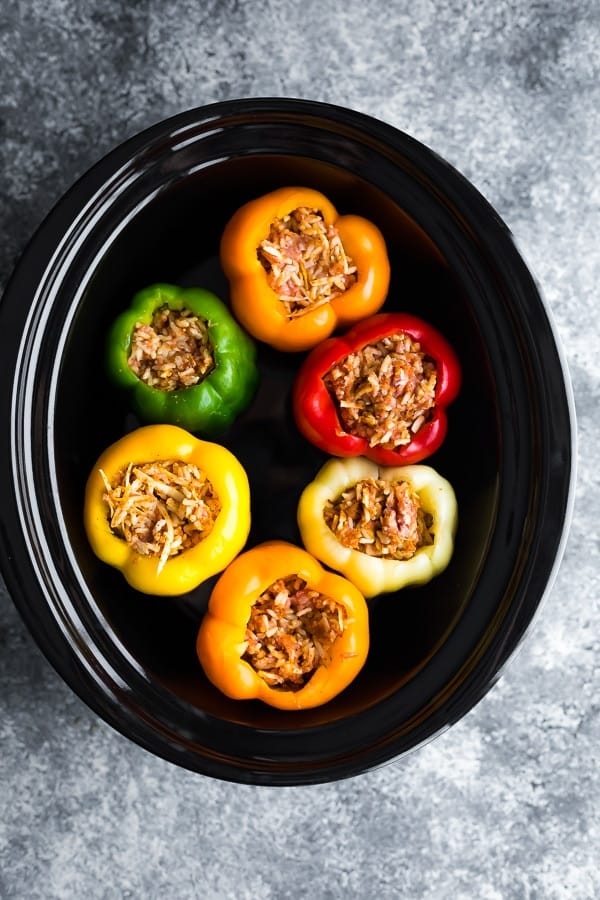 crockpot stuffed peppers in slow cooker before cooking