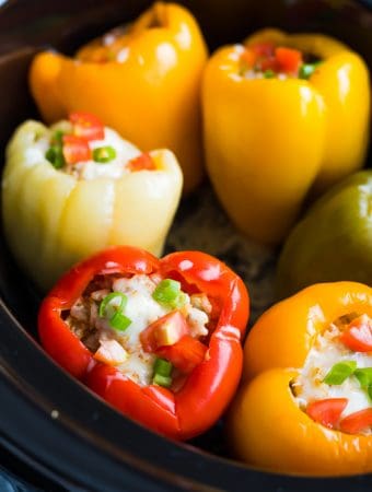 close up shot of stuffed peppers in crock pot