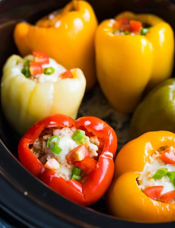 close up shot of stuffed peppers in crock pot