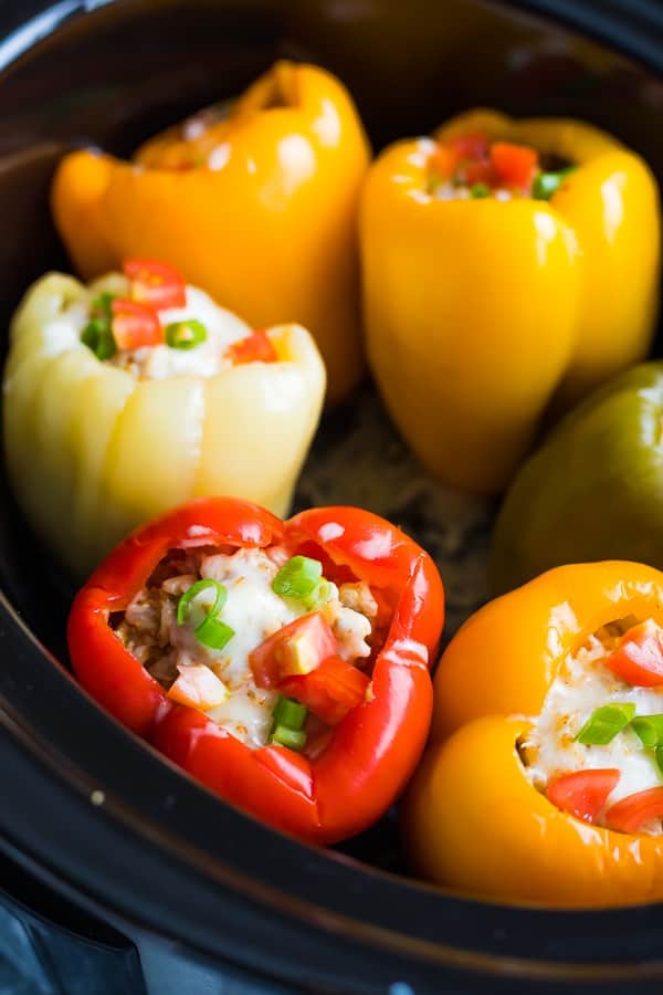 Crock Pot Stuffed Peppers (5 ingredients!) via Sweet Peas and Saffron