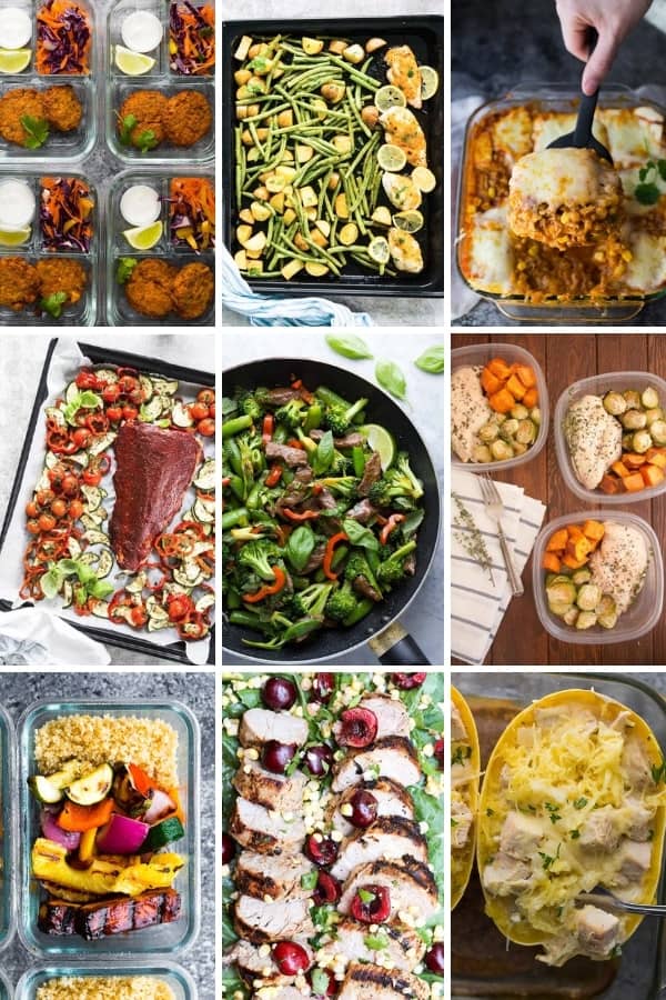 overhead shot of nine different freezer friendly meal prep lunch options