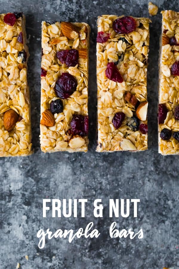 overhead view of fruit and nut granola bars with text below