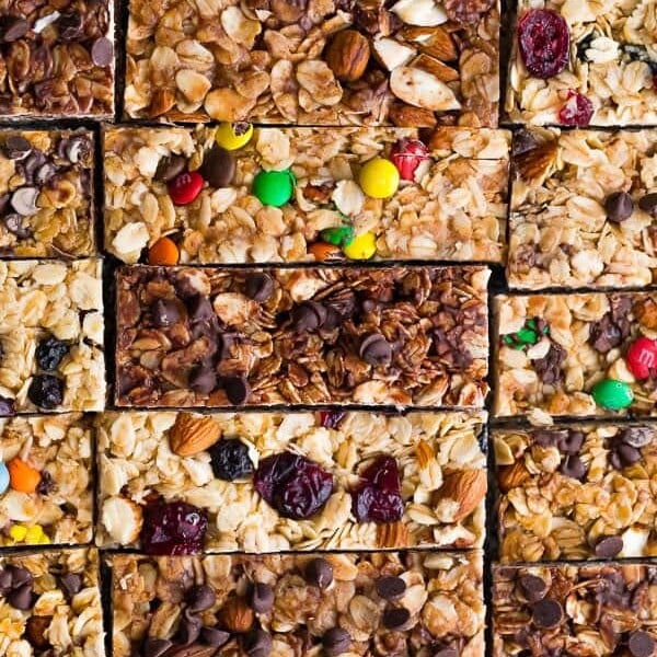 overhead shot of homemade granola bars with a variety of flavors