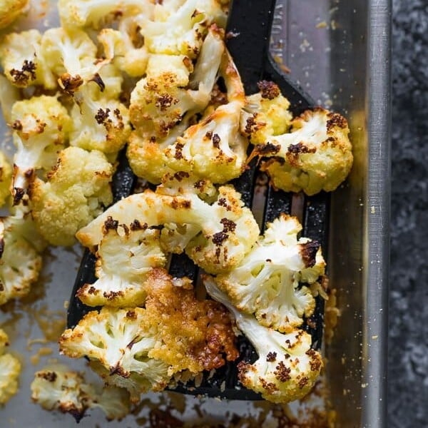 parmesan roasted cauliflower on tray