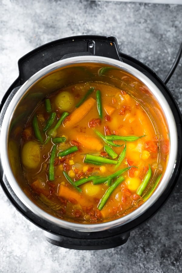 overhead shot of vegan chickpea curry in instant pot