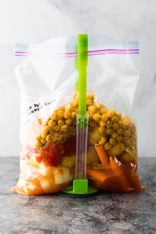 vegan curry ingredients in a freezer bag 