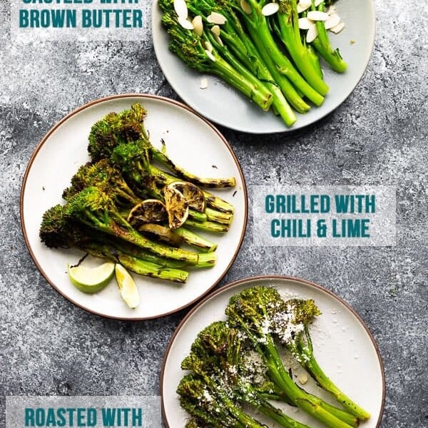 overhead shot of 3 ways to cook broccolini on white plates