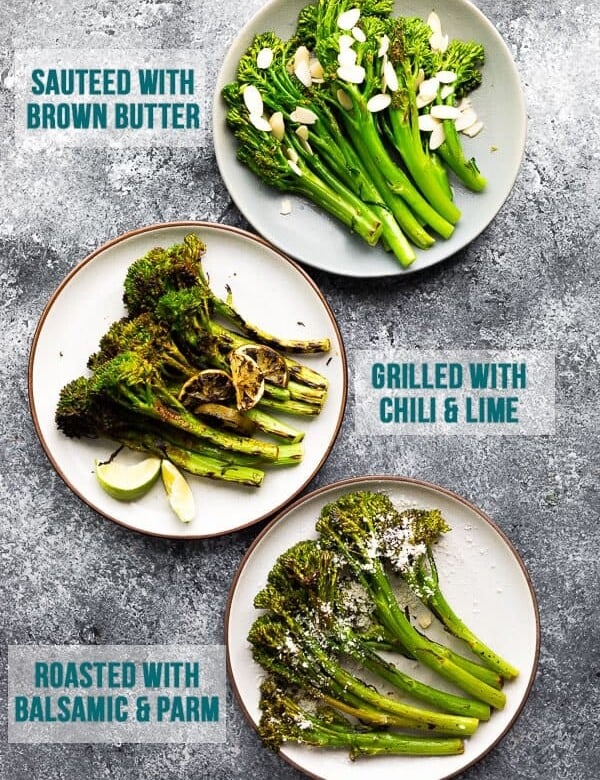overhead shot of 3 ways to cook broccolini on white plates