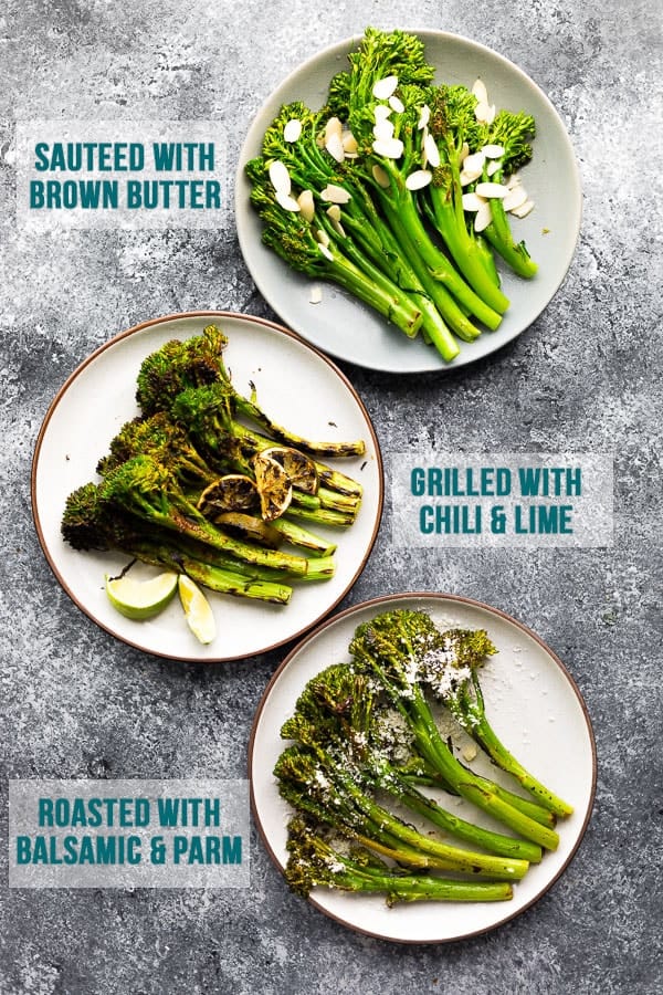 three plates of broccolini, cooked in different ways