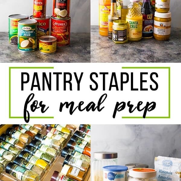 collage image of pantry staples for meal prep