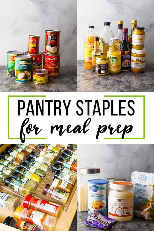 pantry staples for meal prep collage image