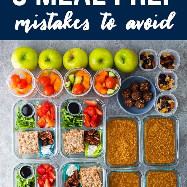 text saying 5 meal prep mistakes to avoid with a variety of foods on gray background