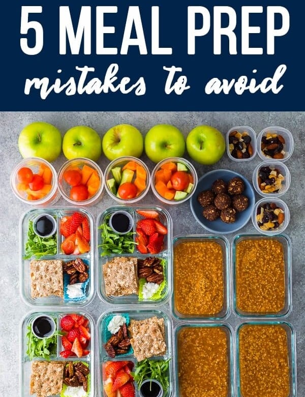 text saying 5 meal prep mistakes to avoid with a variety of foods on gray background