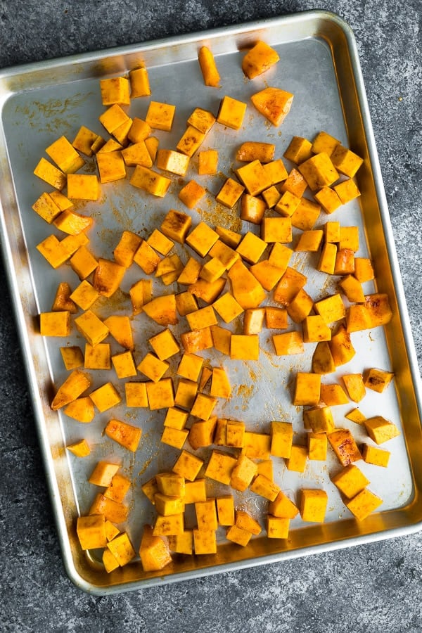 roast butternut squash on baking sheet before roasting