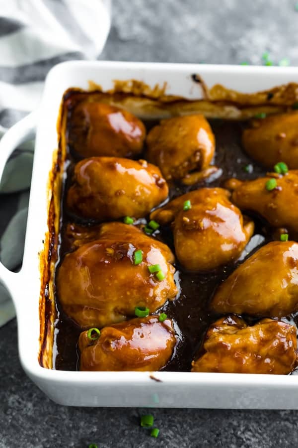 honey garlic chicken in white baking dish