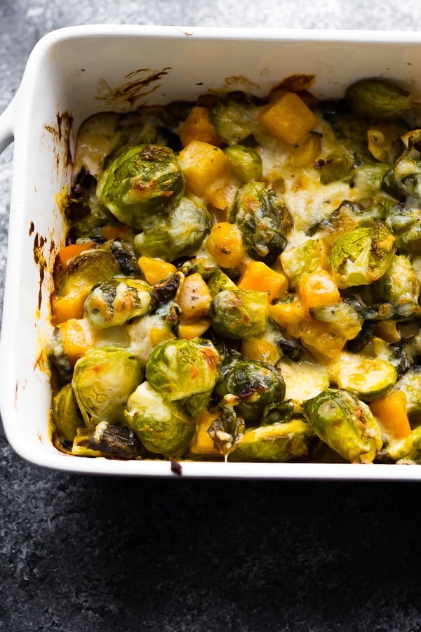 Brussels Sprouts Gratin with Butternut Squash Sweet Peas and Saffron