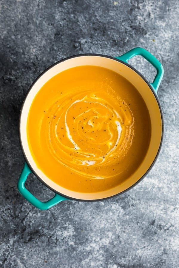 best butternut squash soup recipe after blending in blue pot
