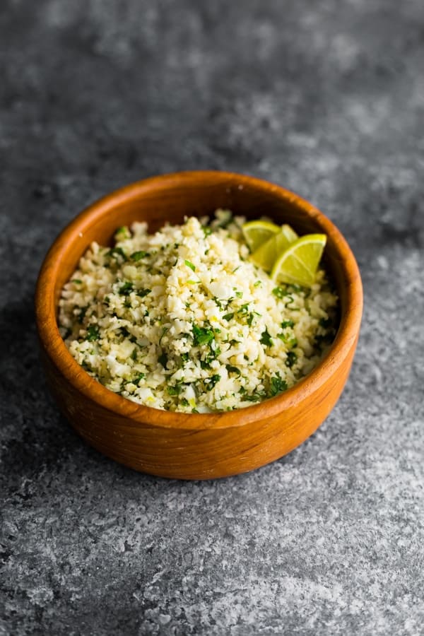 Cilantro lime cauliflower rice in brown bowl