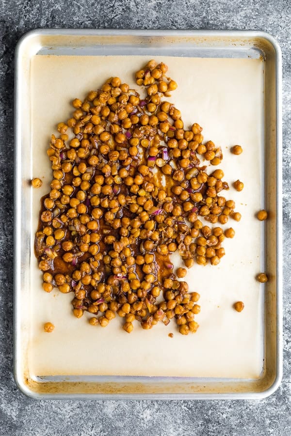 chickpeas on baking sheet for the Korean BBQ Chickpea Bento Bowls