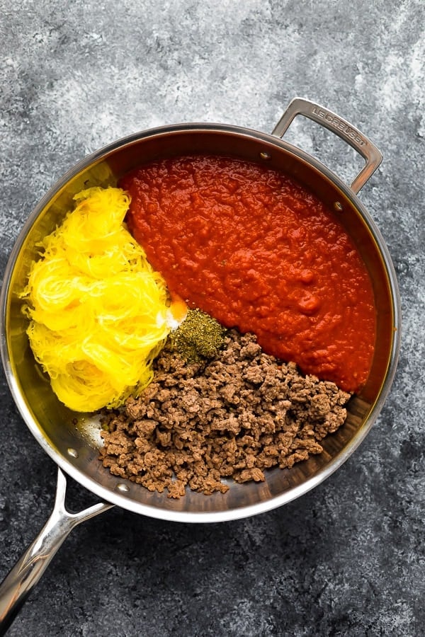 ingredients for low carb skillet lasagna sitting in pan